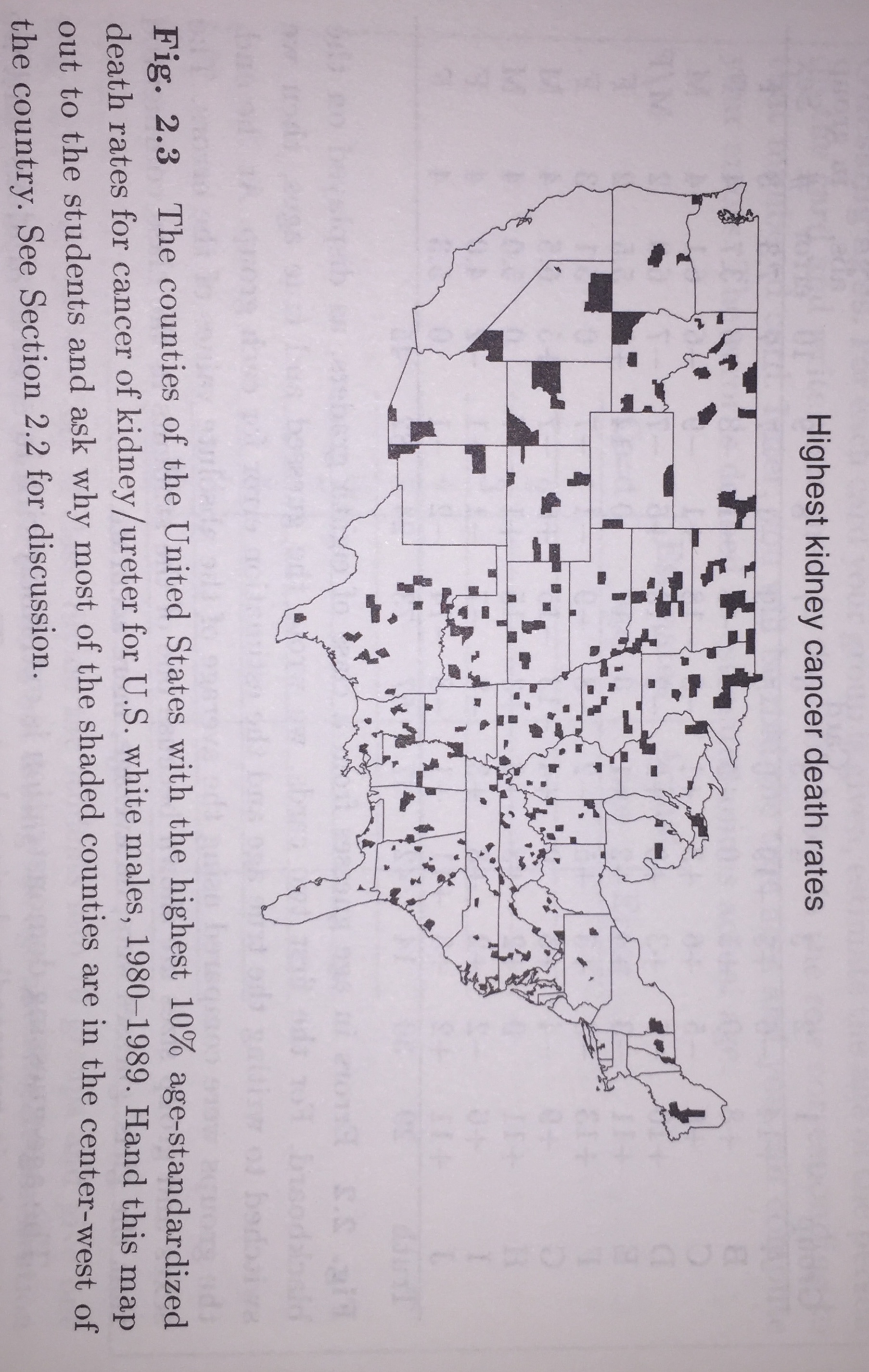 The caption reads: the counties of the United States with the highest 10% age-standardized death rates for cancer of kidney/ureter for U.S. white males, 1980-1989.