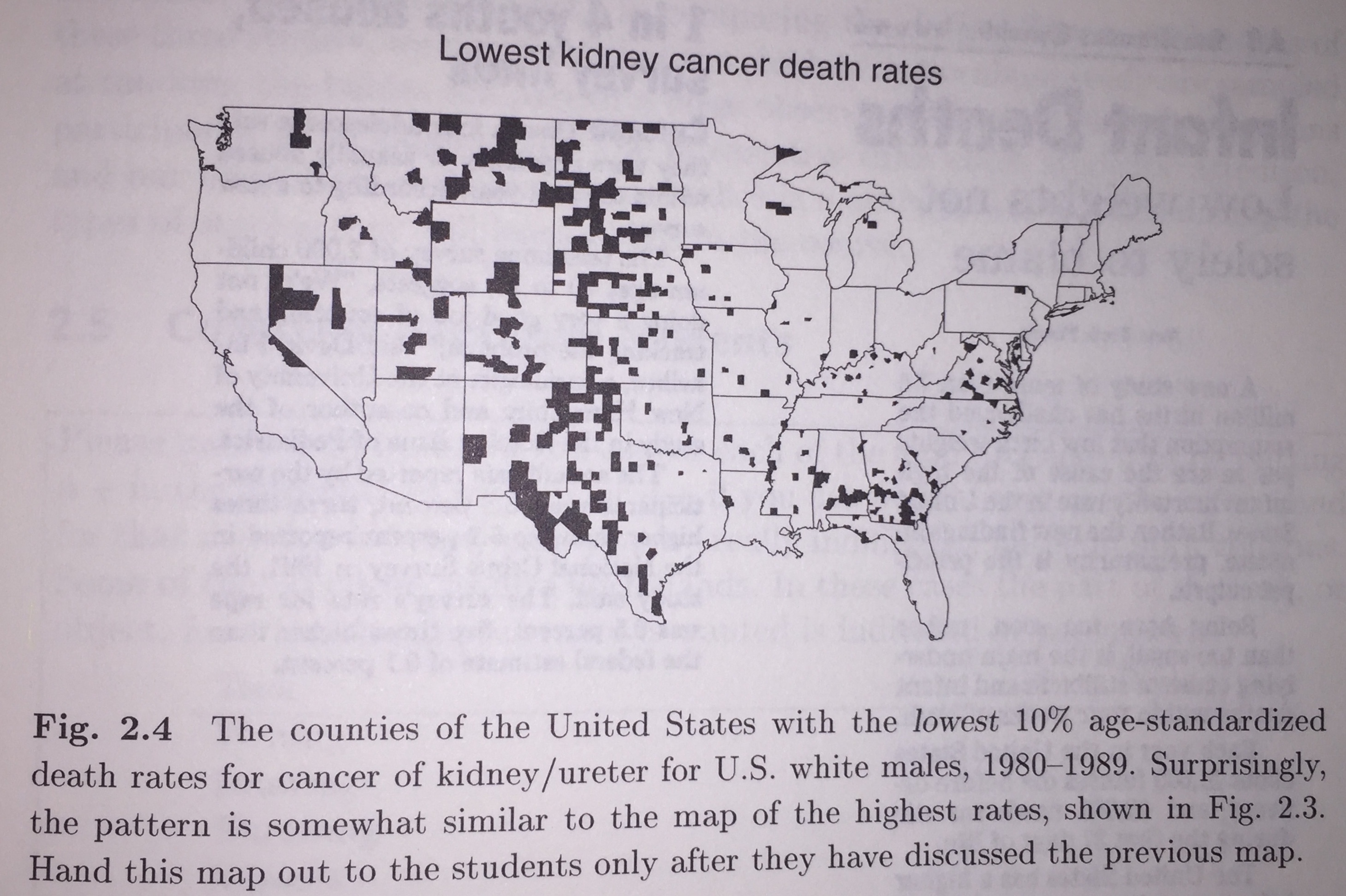 The caption reads: the counties of the United States with the lowest 10% age-standardized death rates for cancer of kidney/ureter for U.S. white males, 1980-1989.  Surprisingly, the pattern is somewhat similar to the map of the highest rates, show in Figure 2.3.