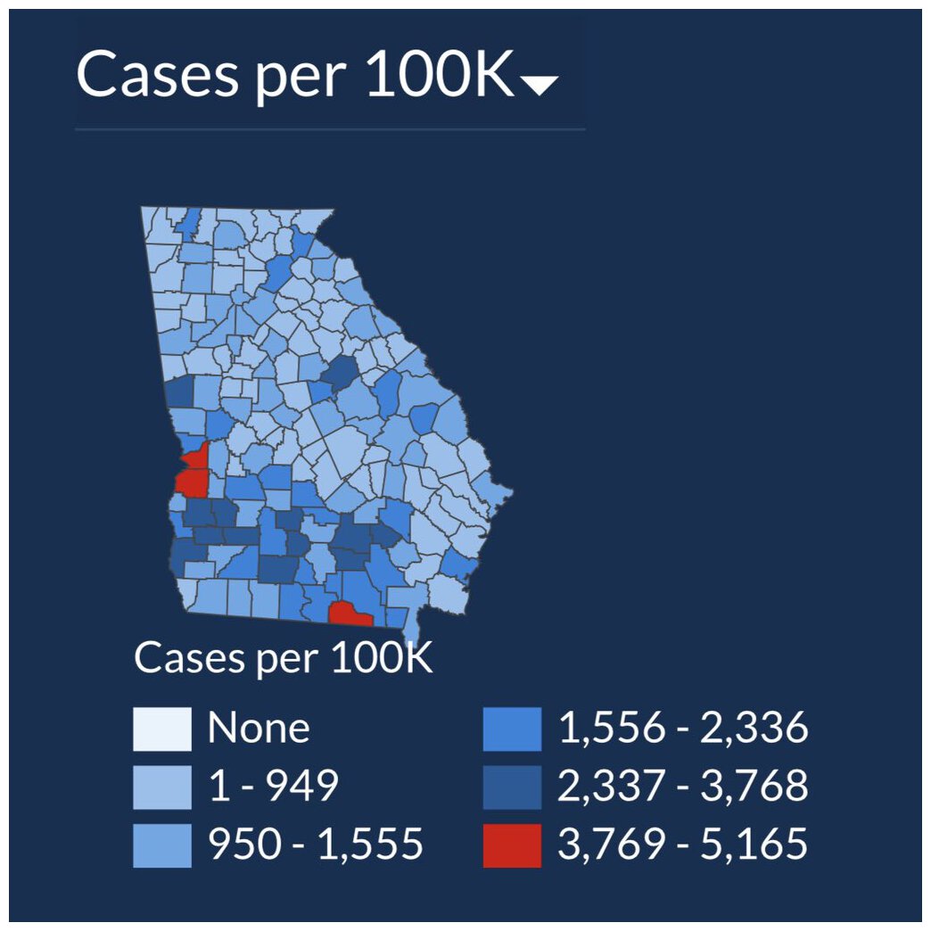 July 2, 2020 (left) and July 17, 2020 (right), Georgia Department of Health, COVID-19 cases per 100K https://dph.georgia.gov/covid-19-daily-status-report