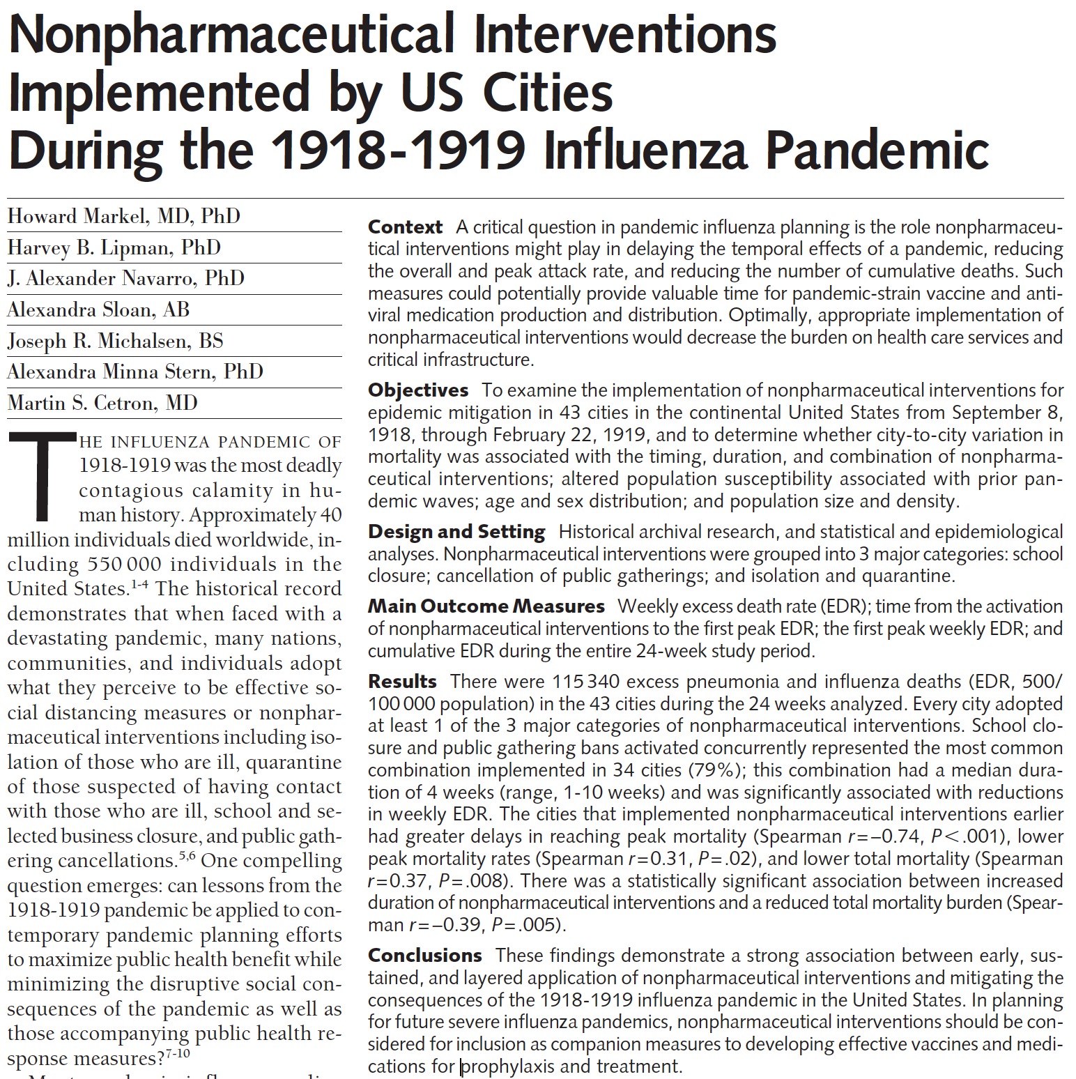 Nonpharmaceutical Interventions Implemented by US Cities During the 1918-1919 Influenza Pandemic, https://jamanetwork.com/journals/jama/fullarticle/208354