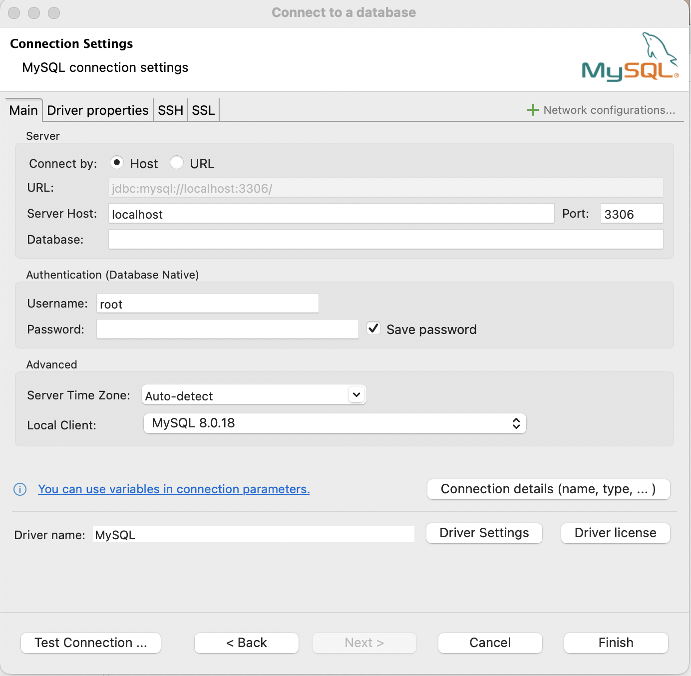 The available options for setting up a MySQL connection in DBeaver.  In particular.